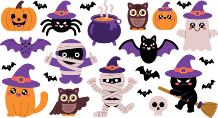 Obraz premium Cute Halloween Cartoon Character and Spooky Element Vector Clip Art Set with Witch Cat Ghost Mummy Pumpkin and Bat for Festive Party Designs