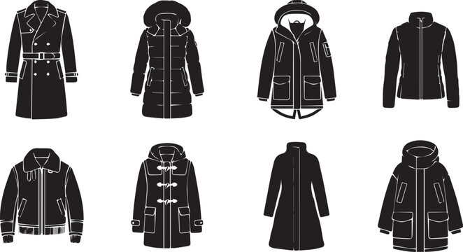 Winter overcoats and jackets black silhouette vector bundle featuring trench coats, parkas, puffers, and duffle coats on white background.