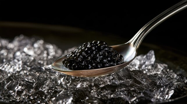 Close up of black caviar on silver spoon over crushed ice with dark background for luxury food concept