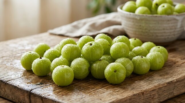 Fresh green amla fruits on a rustic wooden table for healthy eating and natural herbal medicine use. amla berry