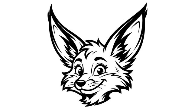 Cartoon line art portrait of a fennec fox head with large ears and smiling expression illustration wildlife monochrome character portrait creature stylized minimalist isolated