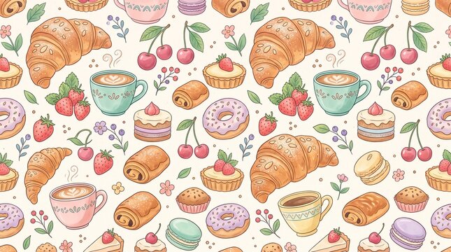 Seamless pattern of watercolor pastries and coffee cups on light