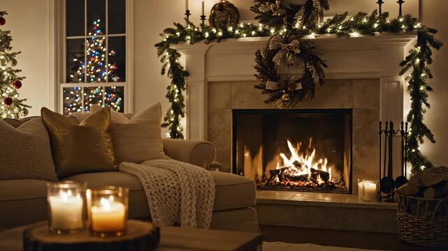 Cozy christmas living room with crackling fireplace, decorated mantel, glowing candles, and festive holiday tree