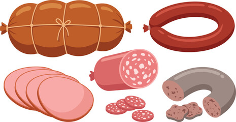 Sausage Product Variety Pack with Salami Slices and Ring Kielbasa for Butcher Shop Menu Graphic Designs © PUTUL