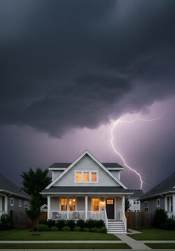 House under a dramatic stormy sky with lightning strike