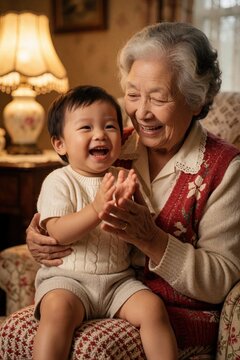 Happy Asian grandmother laughs with cute grandson at home. Little toddler boy claps hands, smiles sitting on elderly woman lap. Loving family bonding moment shows joy, connection between generations