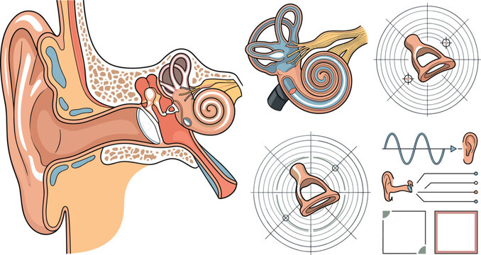 Human Ear Auditory System Anatomy Vector Kit with Cross Section Diagram Cochlea Semicircular Canals and Stapes Ossicle Bone Infographics (21 words)
