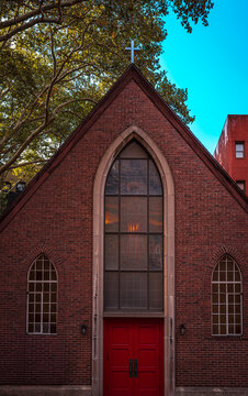 Distinctive classical Episcopal church front entrance in Queens, New York.