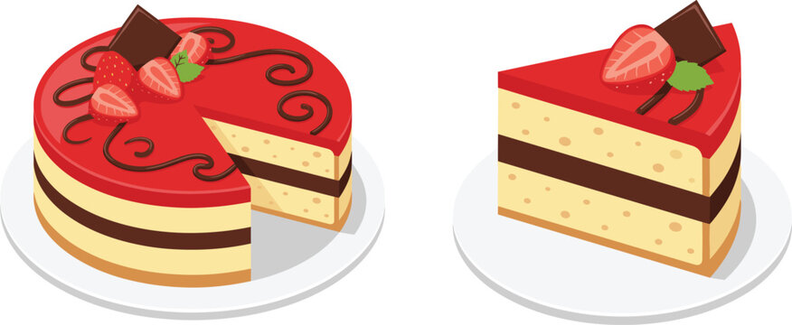 Strawberry Cake and Isolated Slice with Chocolate Layers and Glaze for Bakery Shop Menu Vector Layouts