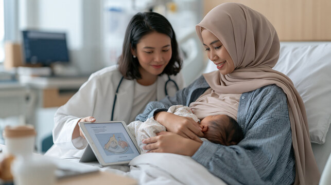 Indonesian mother receiving breastfeeding education from hospital lactation specialist on tablet with feeding diagram, postnatal support, maternity ward discharge preparation,