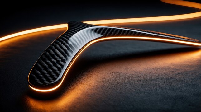 Sleek carbon fiber boomerang flies through dark space with orange glowing light. Modern aerodynamic shape moves fast in motion. High tech concept represents customer loyalty, business retention