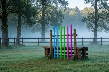 Fototapeta premium Colorful horse jump obstacle stands in misty field. Rainbow colored poles on wooden frame for equestrian training. Morning fog covers green pasture near forest trees. Show jumping equipment for horse