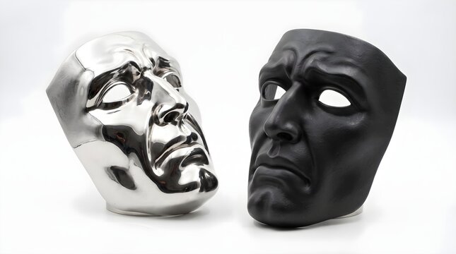 Two sculptural theatrical masks in reflective chrome and matte black finishes, showing contrasting intense expressions with open mouths and dramatic facial features