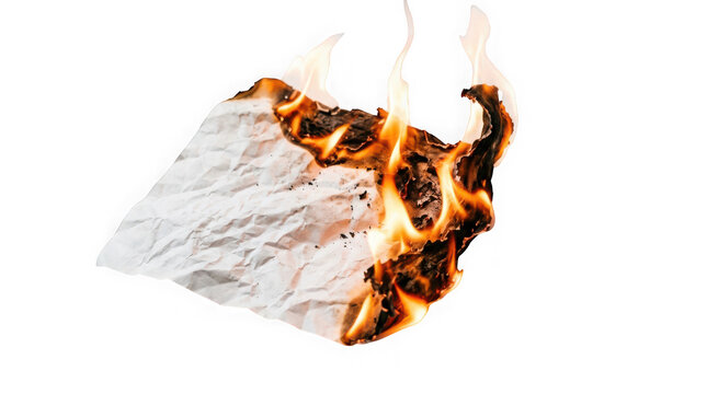 Burning crumpled paper sheet with flames isolated on transparent background