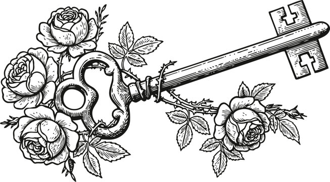 Vintage skeleton key entwined with blooming roses and leafy branches detailed engraving illustration