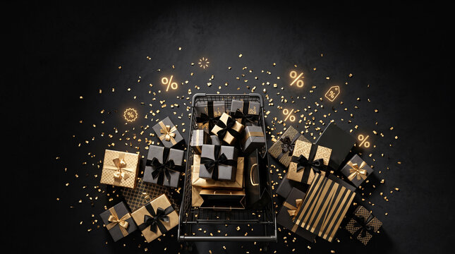 Black Friday shopping concept with gift boxes, bags, percent symbols and dramatic lighting