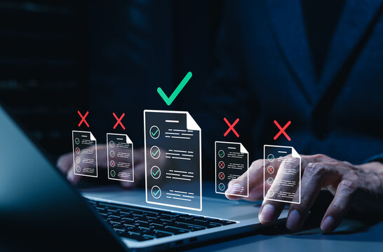 Document evaluation and quality approval audit concept. Businessman typing on laptop with icons of file checklists, green approved checkmark, red rejected cross marks, digital compliance inspection