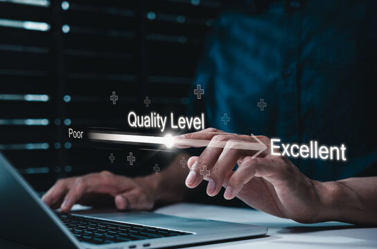 Quality management and service excellence with level scale from poor to excellent representing performance improvement, standard evaluation, customer experience, process optimization, business success