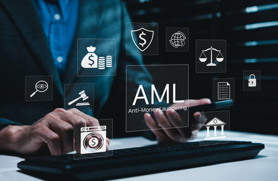 AML anti-money laundering compliance. Businessman using computer showing financial security, legal oversight, monitoring, banking and risk control icons for fraud prevention and regulatory compliance