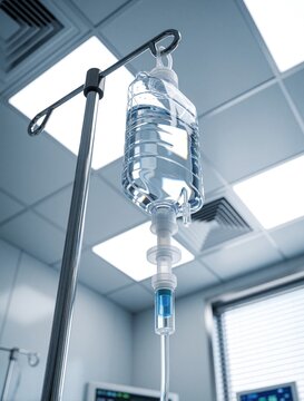 Medical IV drip bottle with saline solution hangs on metal stand in hospital room. Intravenous infusion equipment provides fluid treatment for patient recovery in clinic. Sterile plastic bag stays