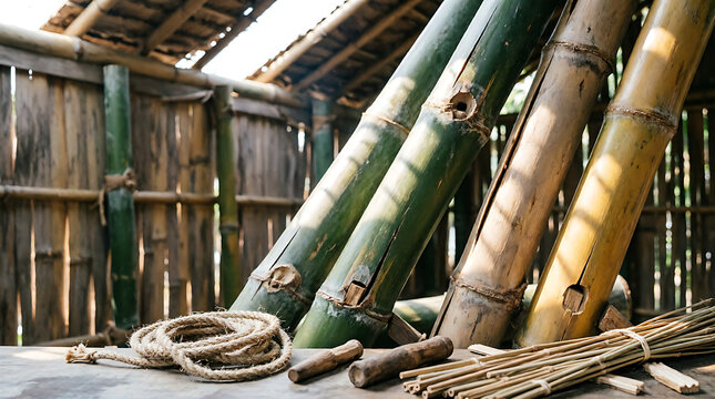 Bamboo Fence in Park Garden with Natural Wood Texture and Tropical Greenery, Rustic Brown Bamboo Wall Pattern for Outdoor Landscape and Traditional Asian Architecture