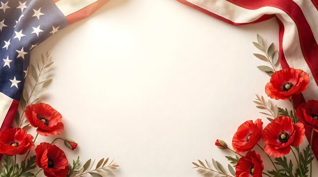 Veterans Day border with American flag and red poppy flowers for