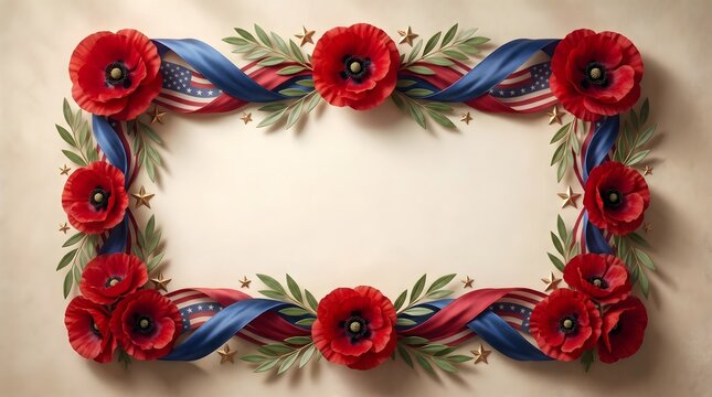 Veterans Day border frame with red poppies and American flag ribbons
