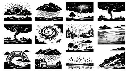 Fototapeta premium Black and white weather icons set featuring various climate conditions
