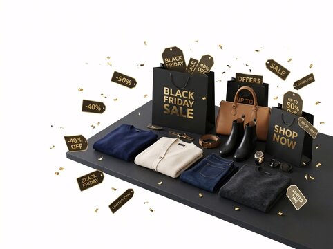Black Friday fashion shopping display with clothes, shoes, bags and discount graphics on white