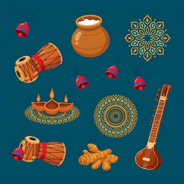 Traditional Indian Cultural Elements Set with Tabla, Sitar, Diya, and Mandala Vector Illustration
