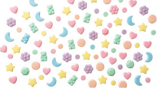 Colorful sugar sprinkles in shapes of stars, hearts, bears, moons and flowers isolated on transparent background