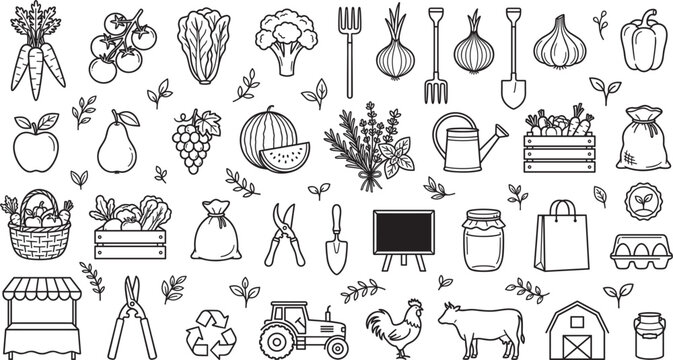 Agriculture and farming linear icons set featuring fresh organic vegetables fruits farm animals tools and tractor elements for eco marketplace design