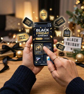 Person holding smartphone displaying Black Friday sale app with warm bokeh background