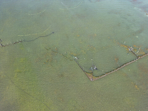 Aerial view of traditional fishing structures in the shallow waters of Shkodra Lake in Shkoder, Shkoder County, Albania.