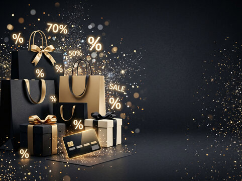Luxury Black Friday shopping bags and gift boxes with gold ribbons on dark sparkle
