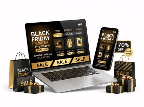 Online shopping promo on laptop and smartphone with luxury black bags and gifts
