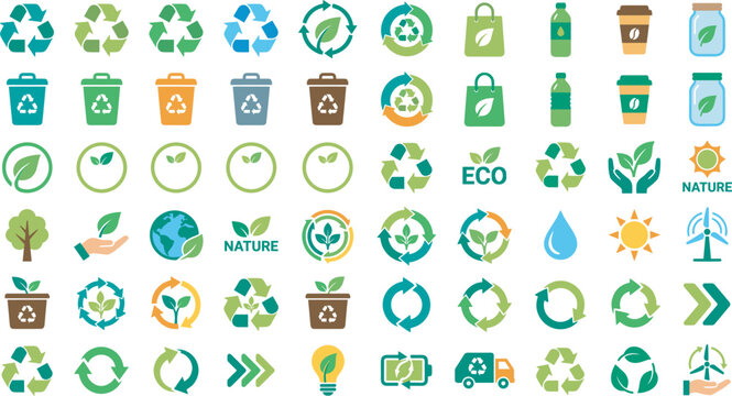 Recycling arrows and ecology green icons bundle featuring waste bins alternative energy reusable packaging and environmental sustainability design elements