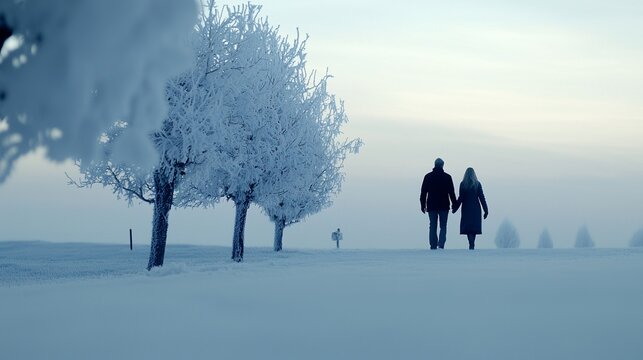 Couple holding hands, walking away in snowy winter landscape.