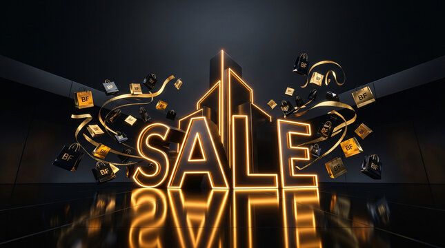 Golden glowing 3D sale text on dark circuit background for Black Friday banner