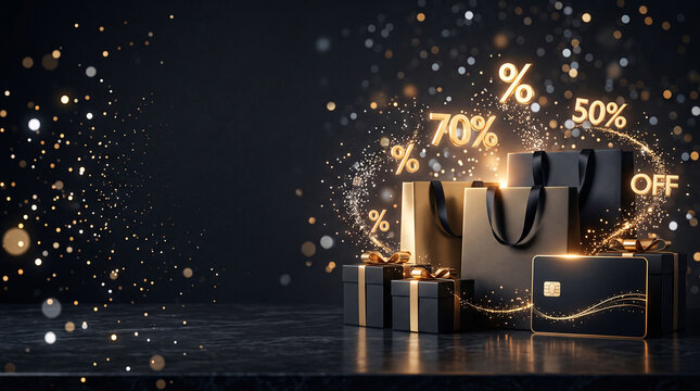 Luxury Black Friday product podium with gold percent badges and gift boxes on dark