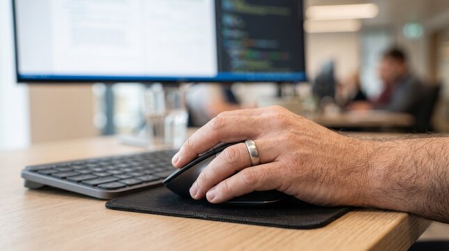 Close up of a man using a computer mouse in a modern office workspace.