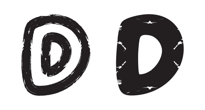 Letter D doodles, bold black hand-drawn forms with rough distressed strokes, irregular edges, and a monochrome sketch style.