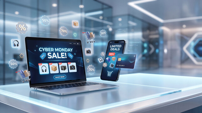 Cyber Monday workspace with laptop and smartphone displaying online sale page