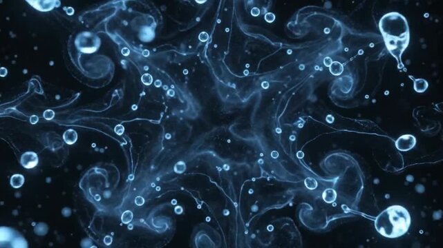 Abstract blue liquid splash and droplets in a radial shape on black