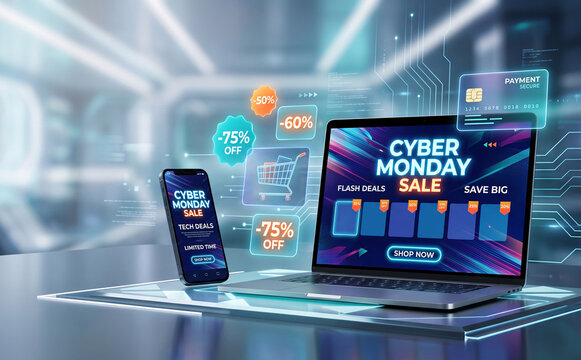 Cyber Monday laptop and smartphone mockup on futuristic neon blue workspace