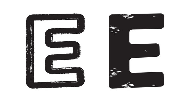Letter e grunge symbol, hand drawn black outline and solid textured shapes, creative character design.