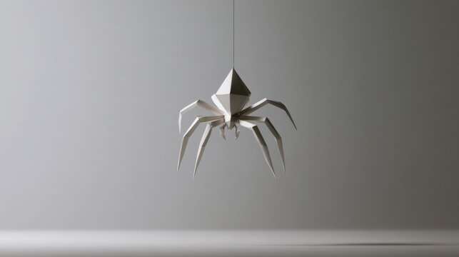 White geometric spider model hanging on thin string against plain gray background with soft shadow below