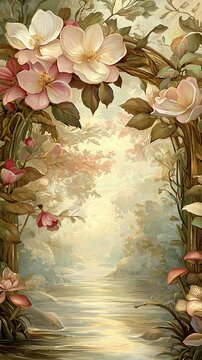 Floral archway over tranquil stream, soft light.