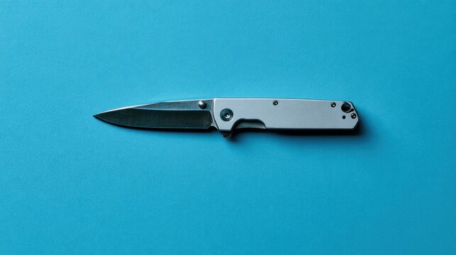 Modern folding knife with stainless steel blade and silver handle on bright blue background for cutting or tool use