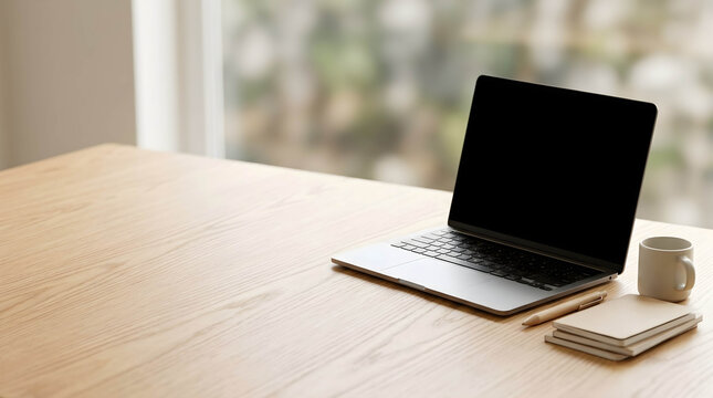 Minimalist wooden workspace with sleek laptop and notebook, concept for intuitive wayfinding solutions, travel planning apps and modern office design